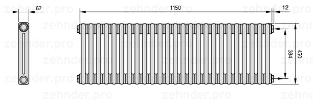 Схема (чертеж) Радиатор Zehnder Charleston 2045/25 №7610 Белый глянцевый RAL 9016